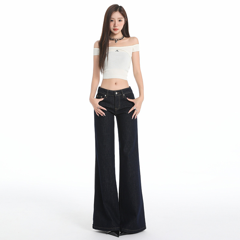 Dark Blue Low-Waist Non-Leg-Hugging Flared Jeans for Women 2025 Spring and Summer New American Retro Sexy Wide-Leg Pants