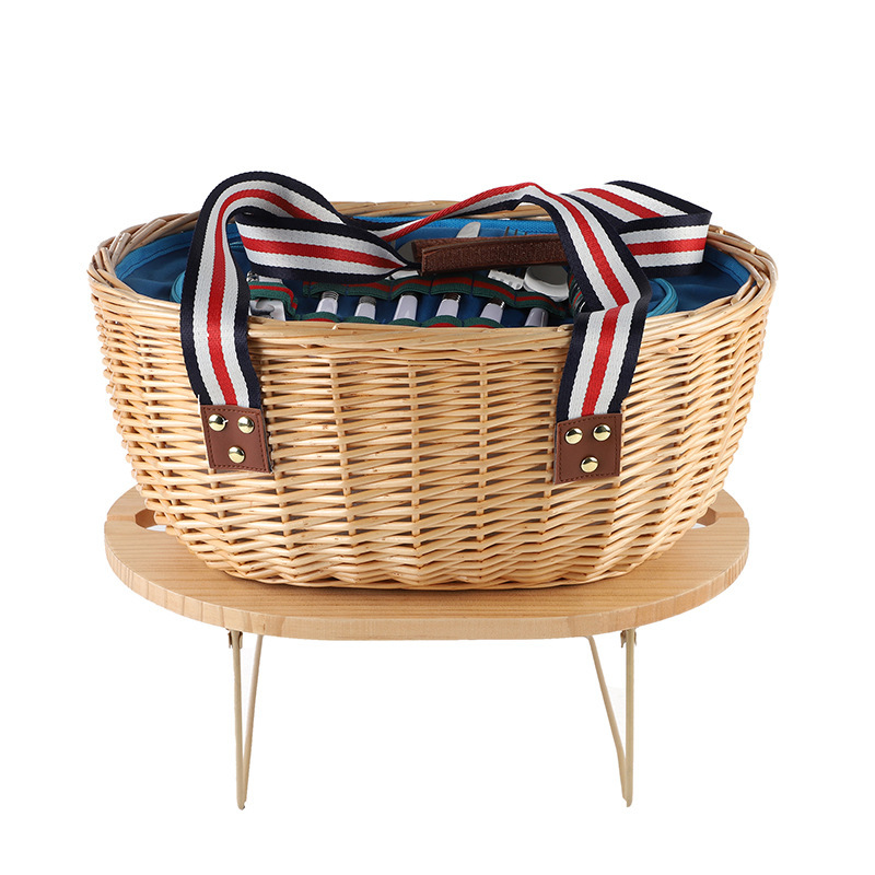 Cesta de picnic japonesa transfronteriza personalizada con tapa, caja de picnic de ratán pastoral, red neta, canasta de picnic portátil para acampar al aire libre