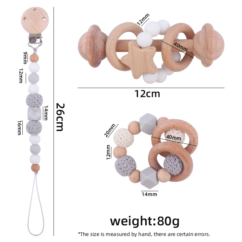 Nuevos suministros para bebés Beech clip chupete cadena calmante bebé pulsera mordedor estrella sonajero conjunto de tres piezas