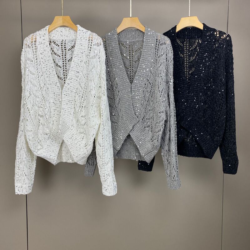 Nanyou Premium 26 Spring/Summer New Bc Linen Sequin Hollow V-Neck Comfortable Fashionable Versatile Knitted Long Sleeve Cardigan