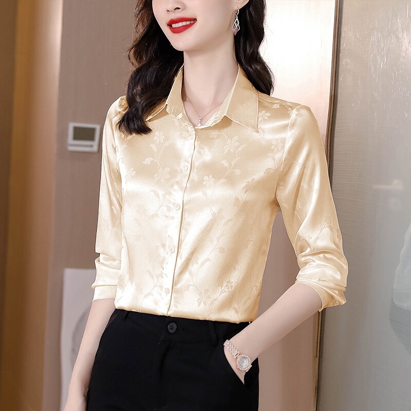 Brand Silk Shirt for Women, Long-Sleeved, 2026 Spring New Fashion Jacquard Elegant Ladies' Blouse Brand Silk Shirt for Women, Long-Sleeved, 2026 Spring New Fashion Jacquard Elegant Ladies' Blouse