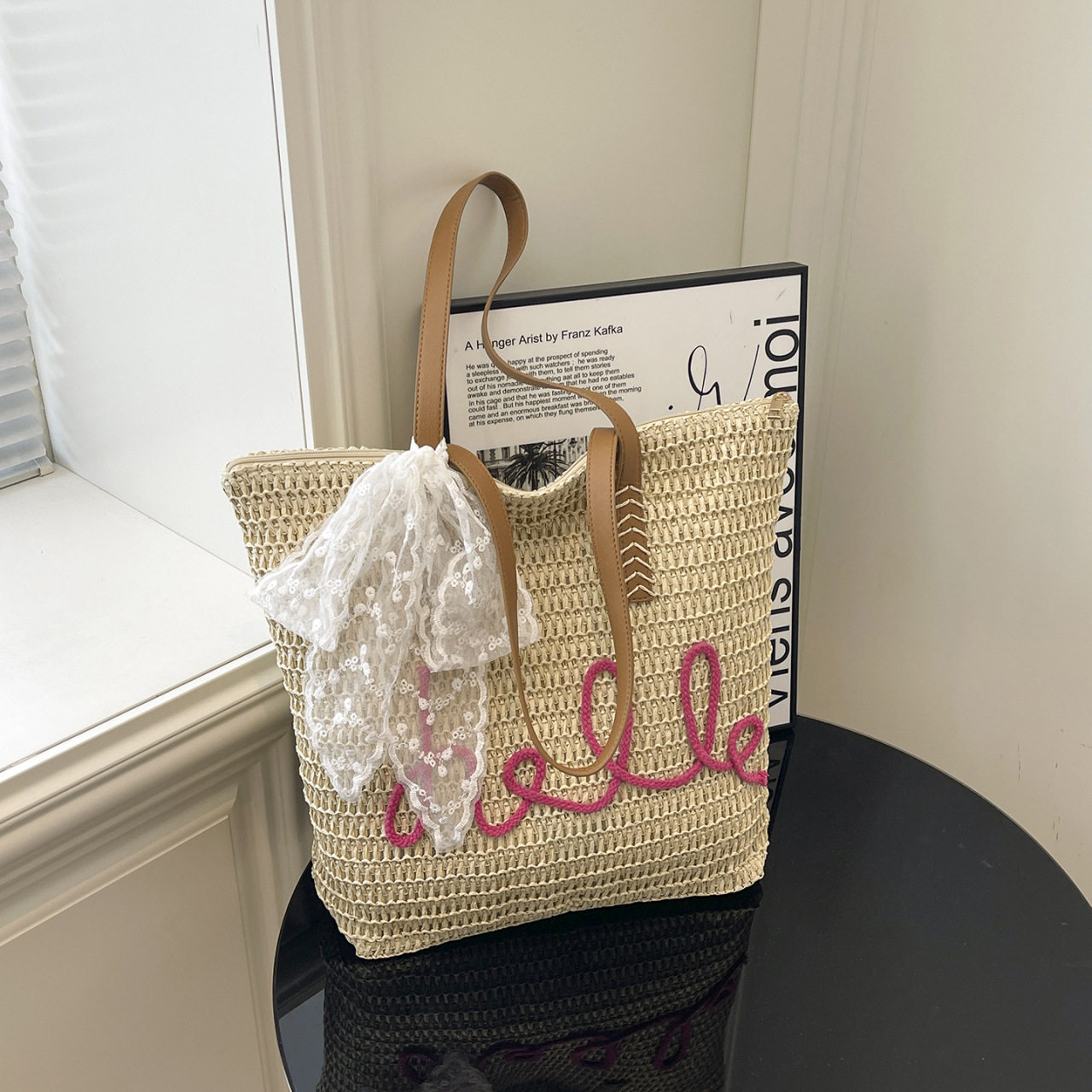 Storage Basket Bag, Rattan Handbag, Woven Shoulder Bag, Handmade Natural Rattan & Seagrass, Leather Trim, Eco-Friendly, Lightweight, Durable For Daily_voghion.com