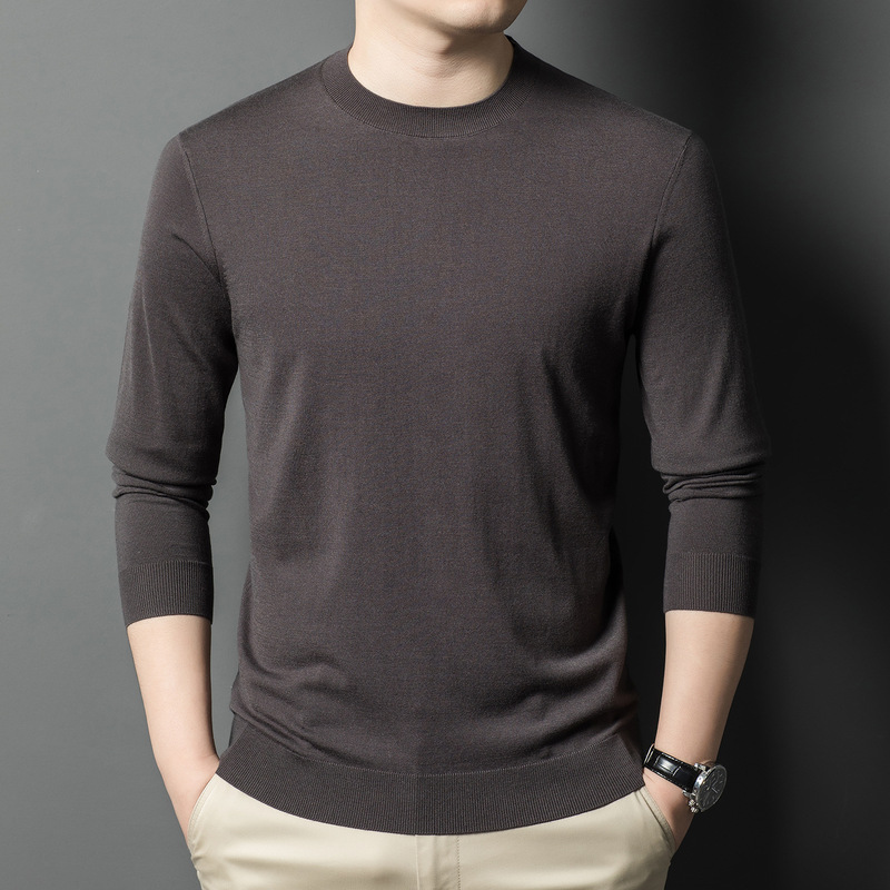 Autumn and winter semi-high round neck mulberry silk cashmere solid color new high-end middle-aged men's T-shirt casual base shirt