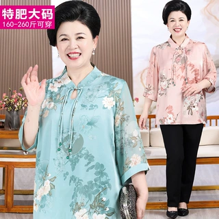 夏装中年大码女士可穿短袖T恤中老年胖妈妈40-50岁花色上衣