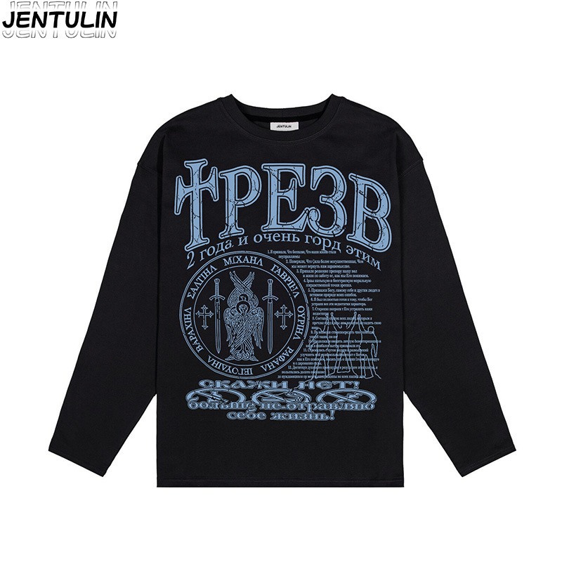 国境を越えた欧米のゆるいカジュアルな長袖tシャツピンクの甘い妹の宗教プリントのファッションブランドの丸首の純綿の頭の上着|undefined
