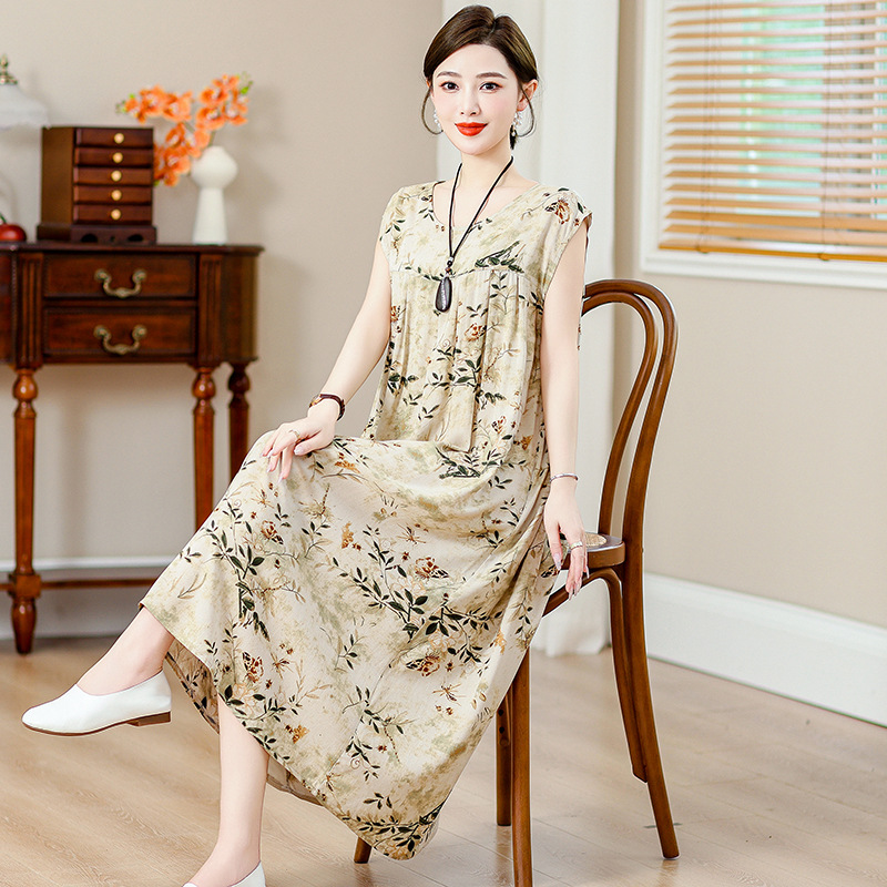 2026年新款夏季中老年妈妈装棉绸连衣裙女长款加肥加大码宽松裙子