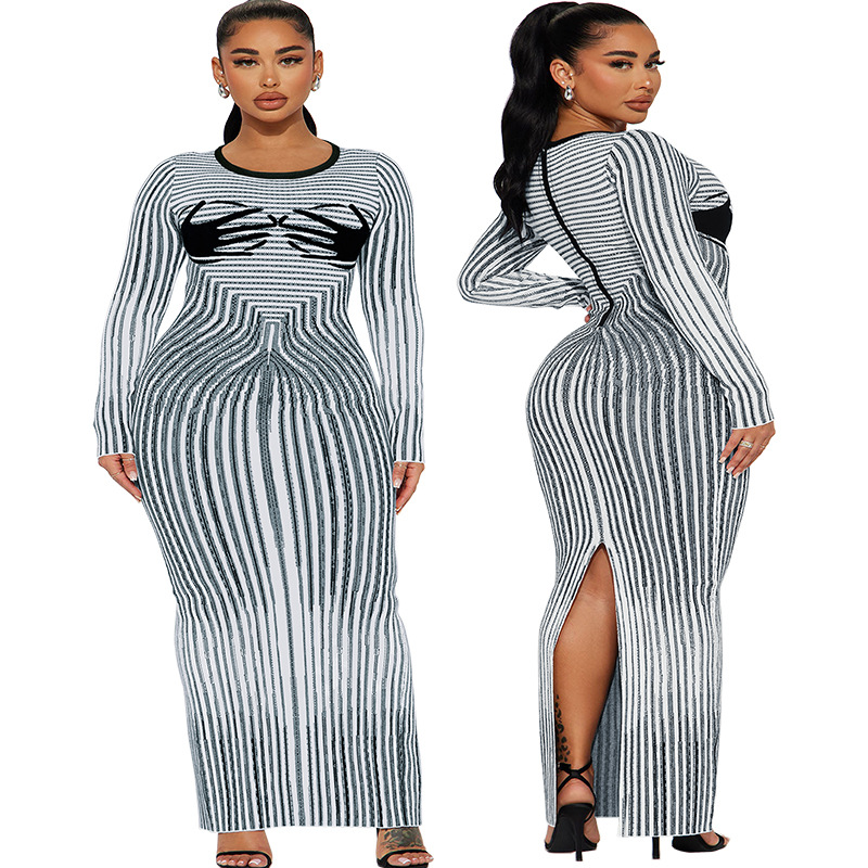 Women's Clothing Plus Size Women's Round Neck Slit Long Sleeve Dress Long Sleeve For Formal & Casual For Women_ecoleips.com