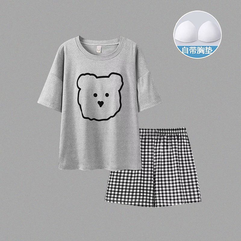 Venta al por mayor transfronteriza con almohadilla para el pecho pijamas de verano para mujer pantalones cortos de manga corta lindo abrigo de oso traje de servicio a domicilio coreano algodón de imitación