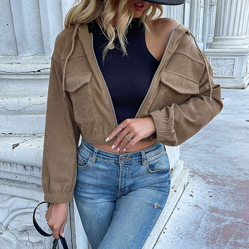 Solid Color Hooded Corduroy Women's Jackets_voghion.com