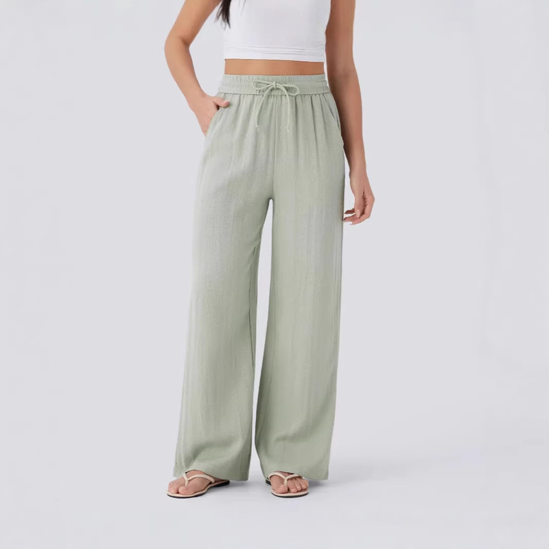 2026 Amazon High-Waisted Drawstring Side Pocket Wide-Leg Casual Linen Pants, Flowy Wide-Leg Beach Pants with Elastic Waistband