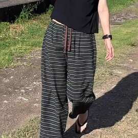 大码胖mm休闲百搭条纹直筒裤子夏季薄款高腰显瘦遮胯阔腿九分裤女