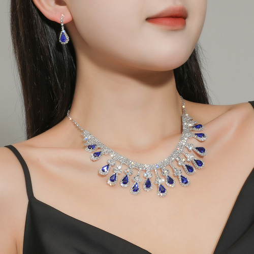 Cross-border supply European and American best-selling bridal necklace set Fashionable high-end colorful crystal necklace and earrings two-piece set