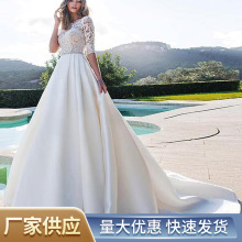 亚马逊新款婚纱2023夏季缎布长袖简约半透视装韩式长拖尾显瘦礼服