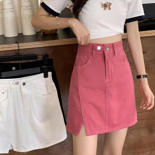 High-waist denim short skirt for women spring and autumn new style a-line skirt slim and versatile large size black hip-covering slit skirt