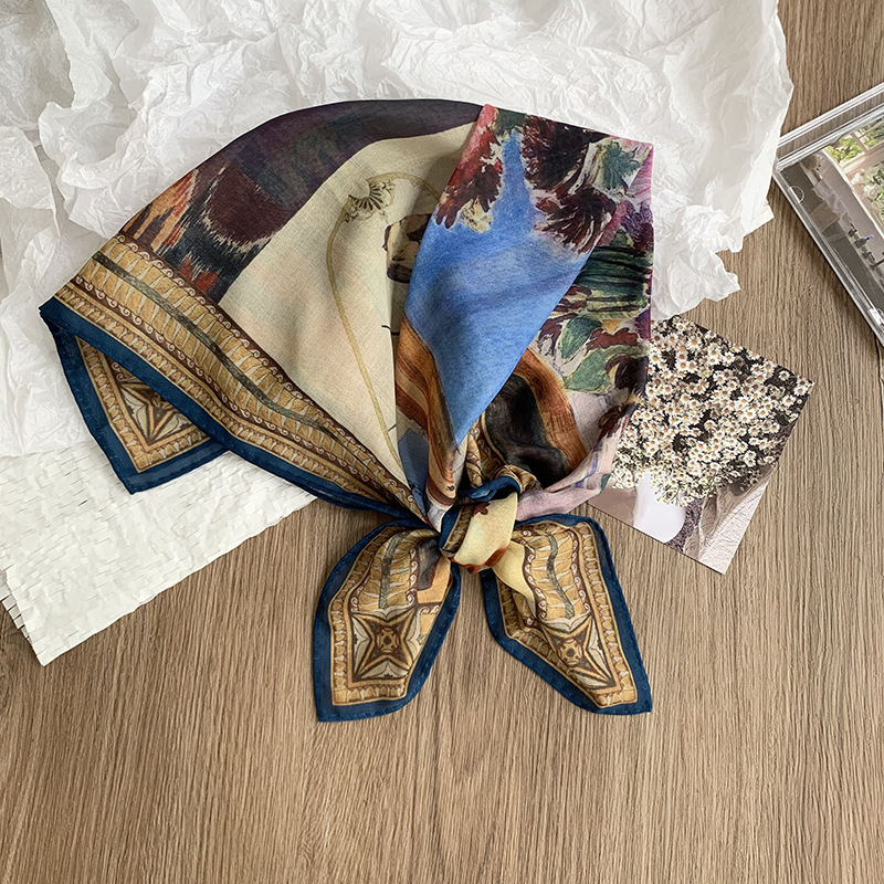 Bufanda de seda, bufanda cuadrada pequeña, pintura al óleo de Van Gogh, bufanda pequeña de seda de imitación de impresión exquisita, bufanda en la cabeza de moda, mantón exterior