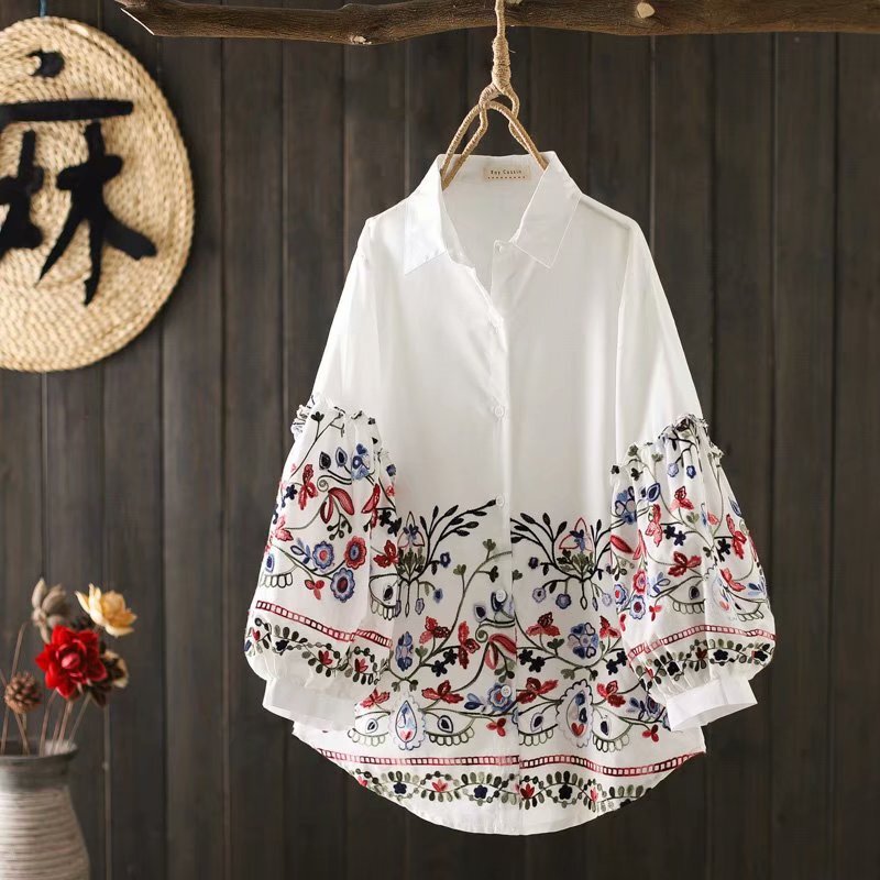 Clearance of Big Brand Foreign Trade Women's Clothing with Cut Labels, Genuine Ethnic Style Heavily Embroidered White Shirts