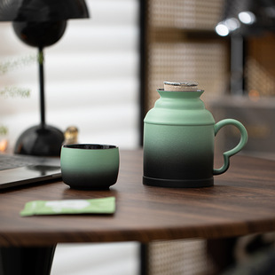 Creative Gradient Mug with Lid for Home Office, Chinese Retro Small Thermos, Large Capacity Water Cup