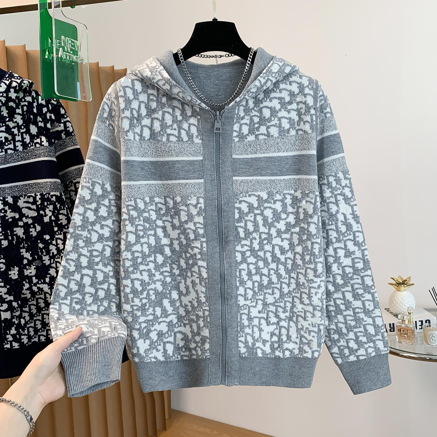 南油高端双面穿老花字母连帽针织外套拉链长袖开衫男女同款慵懒