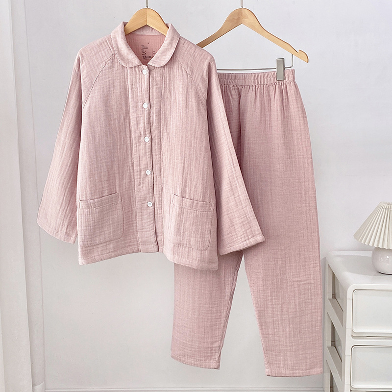 Muji Japanese-Style Thickeneded Pure Cotton Four-Layer Gauze Pajamas for Men and Women Autumn and Winter Long-Sleeved Home Clothes Set