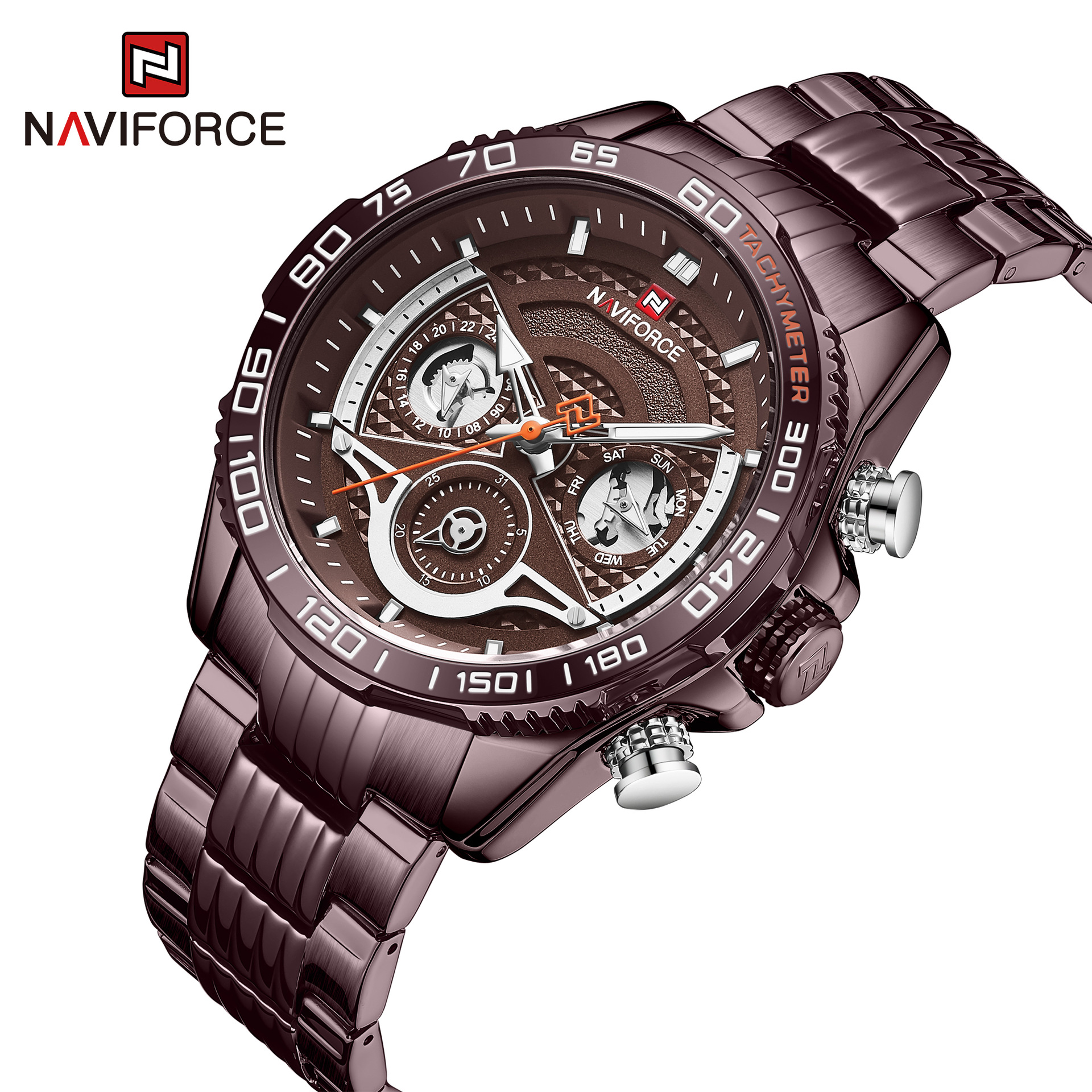 Relógio esportivo masculino com calendário, pulseira de aço e modelo 9185 Six NAVIFORCE/Lingxiang Pin._voghion.com