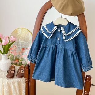 Lime Baby Girl's Stylish Lapel Dress Autumn Children's Clothing Small and Medium-sized Children's Girl's Fashion Cute Doll Collar Denim Skirt