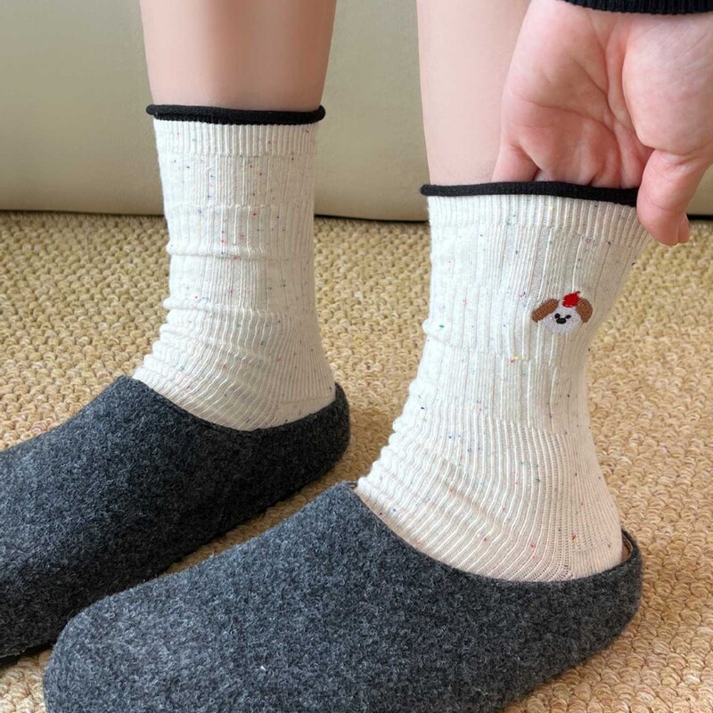 Autumn and Winter Women's Mid-Calf Socks, Pure Cotton Color-Blocking Slouch Socks, Cartoon Puppy Embroidered Long Socks, Wholesale Zhuji Socks