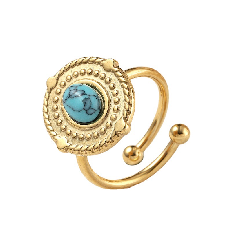 Transfronterizo de acero inoxidable de lujo de luz de la joyería hidráulica marca de soldadura redonda con incrustaciones de color turquesa abierto anillo de acero de titanio ventas directas de la fábrica