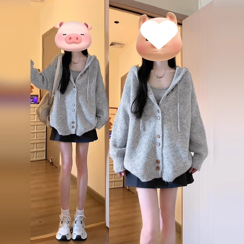 早秋连帽卫衣毛衣女秋冬2024新款慵懒风针织开衫外套韩系chic套装