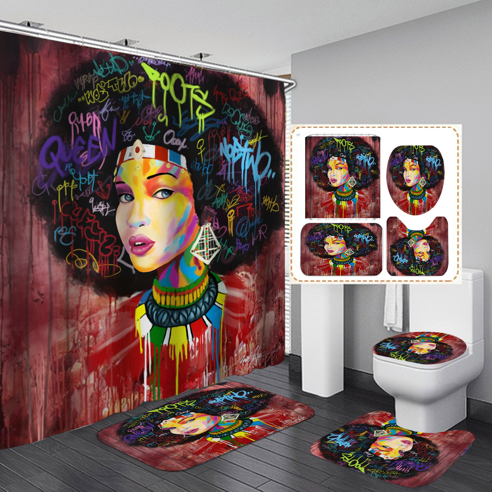 Juego de 4 piezas de moda Juego de cortina de ducha de rosa roja de agua Flor Juego de decoración de baño de Navidad Alfombrilla de baño absorbente Alfombrilla en forma de U