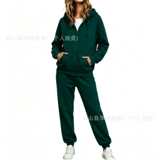 外贸宽松时尚开衫连帽卫衣女抓绒运动拉链衫+无绳束脚裤批发2件套