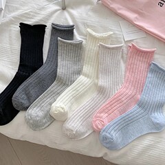 夏季薄款襪子女中筒襪鏤空透氣純色中筒襪基礎款豎條紋卷邊堆堆襪