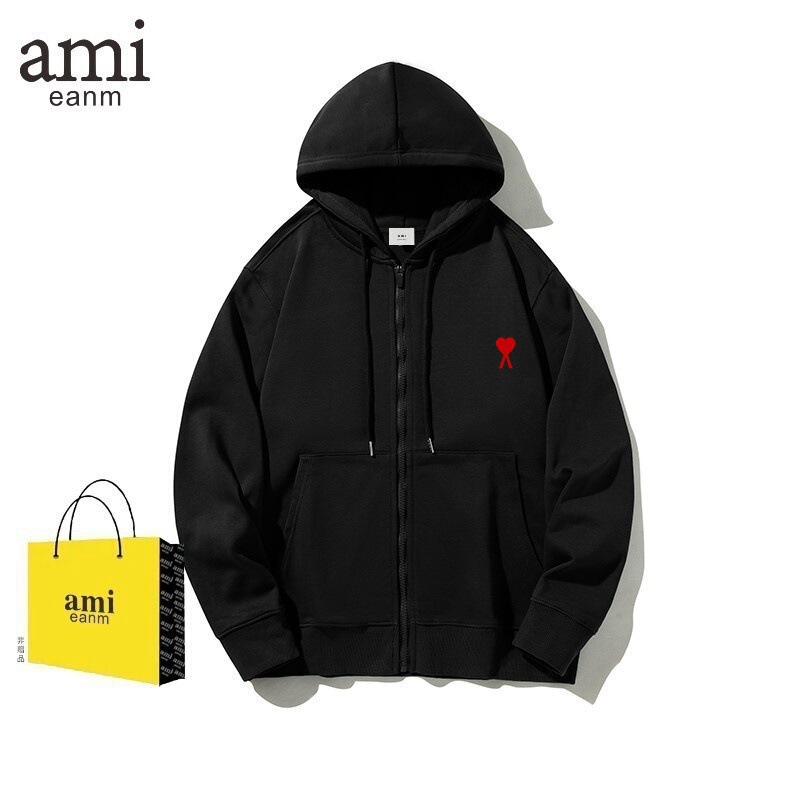 AMI & EANM Zipper Hooded Cardigan Sweater Men's Fashion Brand Love Embroidered Fashion Sports Sweater Jacket Lovers Clothes