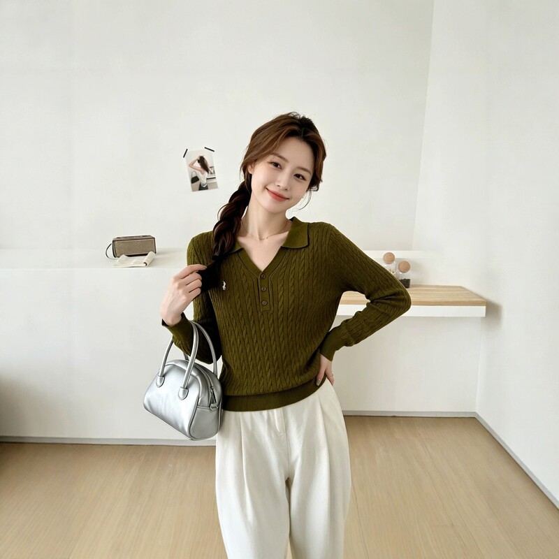 High-Quality Polo Collar Knit Sweater for Women, Korean Style, Slimming and Versatile Top, Direct from Dalang Sweater Factory, New Autumn and Winter Collection