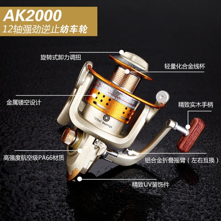 Carrete de pesca tiburón de oro serie AK cabeza de metal balancín de metal carrete de pesca rueda giratoria engranaje de pesca al por mayor