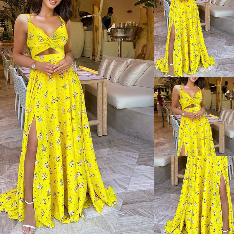 Fashionable Color Block Print Suspenders Waist Tie Slit Maxi Dress