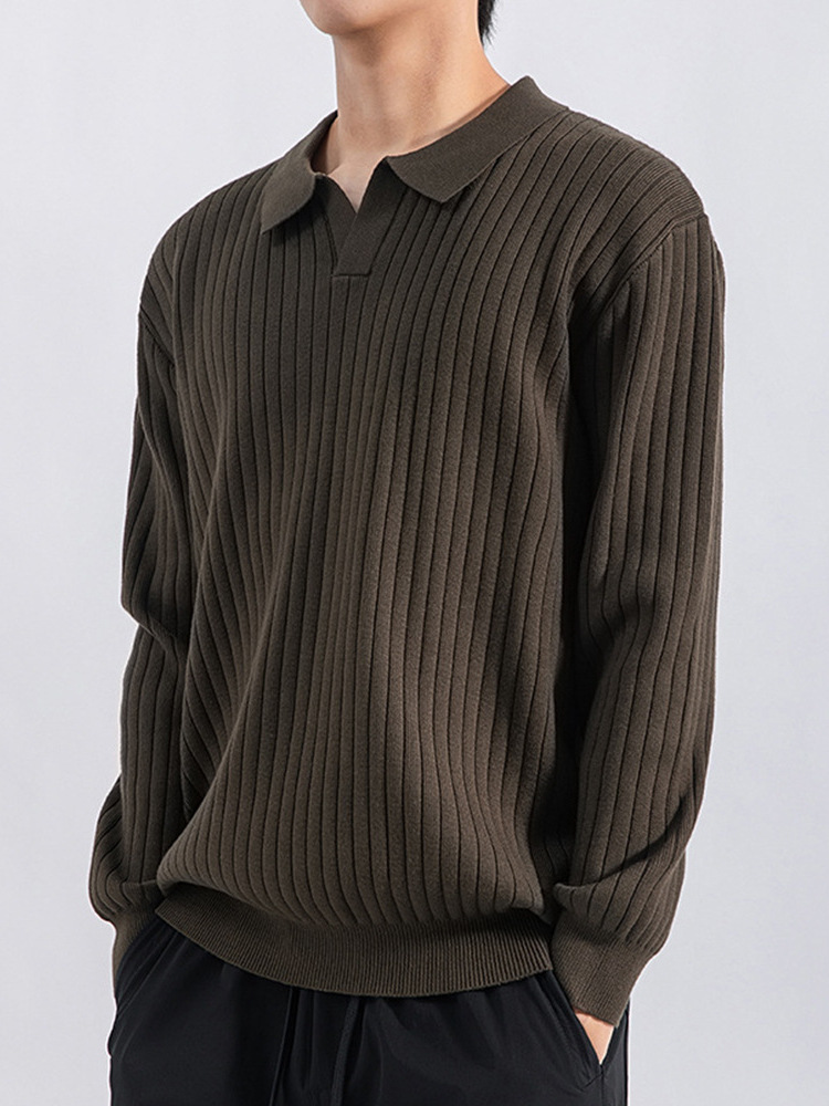 Hombres otoño y invierno nuevo cuello gaviota Polo suéter camiseta de punto lujoso de alta calidad delgado con la tapa de la camiseta a rayas para hombres