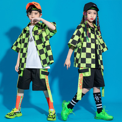 Children rapper singer hip hop dance costumes for girls boys street jazz dance green plaid shirt suits children's personality catwalk model show clothes