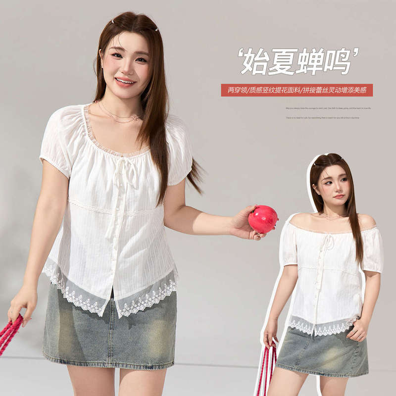 Two-Way Wear Jacquard Lace Smart Cover-Up Blouse for Summer, Plus-Size Women's Slim-Fit Top 66155