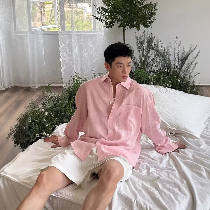 Pink Cotton and Linen Long-Sleeved Shirt for Men, Summer Lightweight, Breathable, Sun-Protective Shirt, Loose, Lazy Style, Linen Casual Jacket