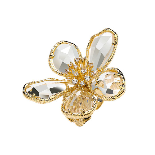 European and American personality exaggerated crystal flower ring, feminine, Korean fashion open ring, internet celebrity index finger ring, trendy