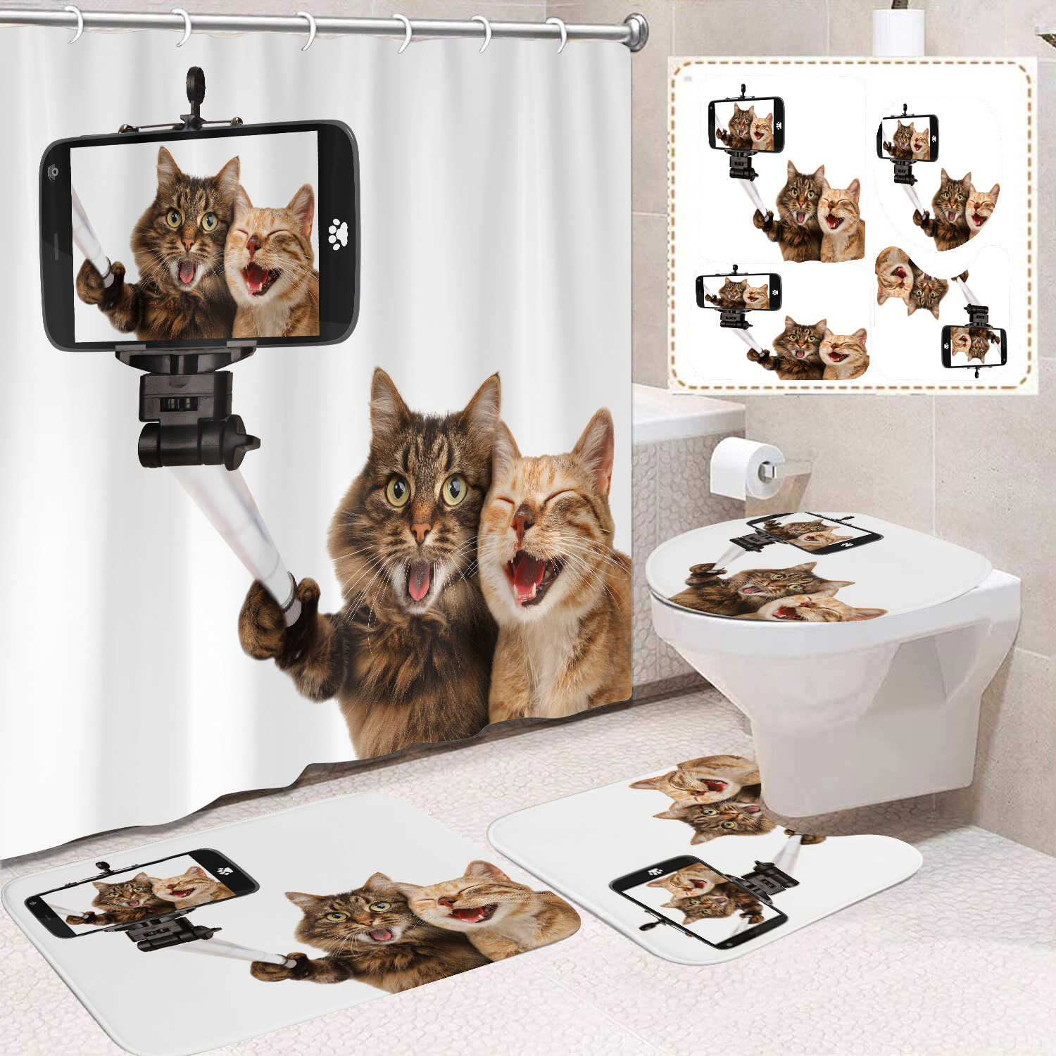 Fuente de fabricantes Amazon animales gatos niños cortina de ducha impermeable a prueba de moho cortina de ducha inodoro partición de baño divertido
