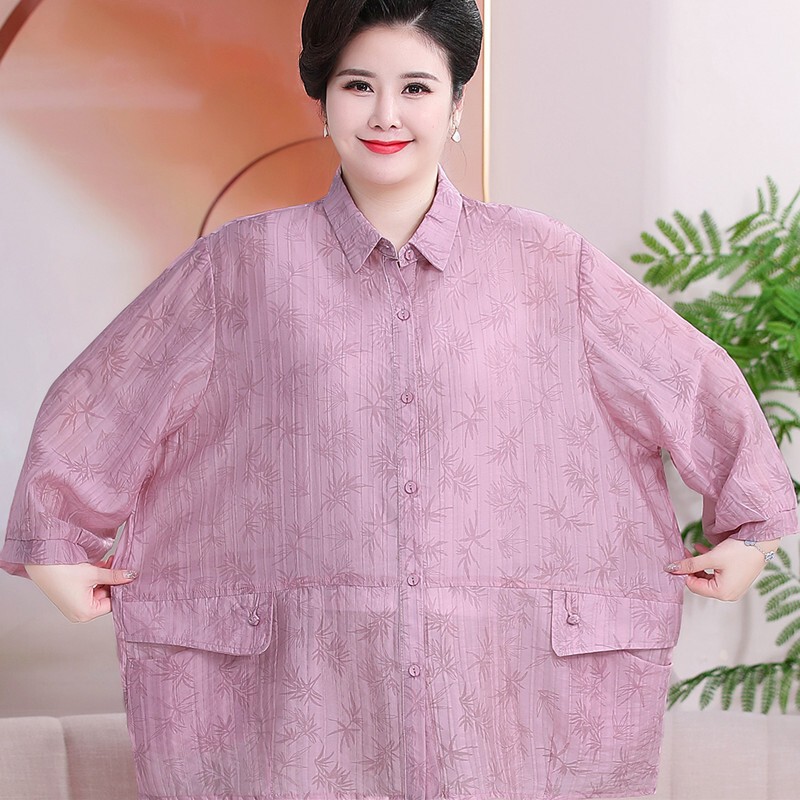 100.00kg Mother Summer Tencel Cotton Linen Shirt Women's Special Body plus size Middle-aged and Elderly Seven-point Sleeve Spring and Autumn Shirt Western Style