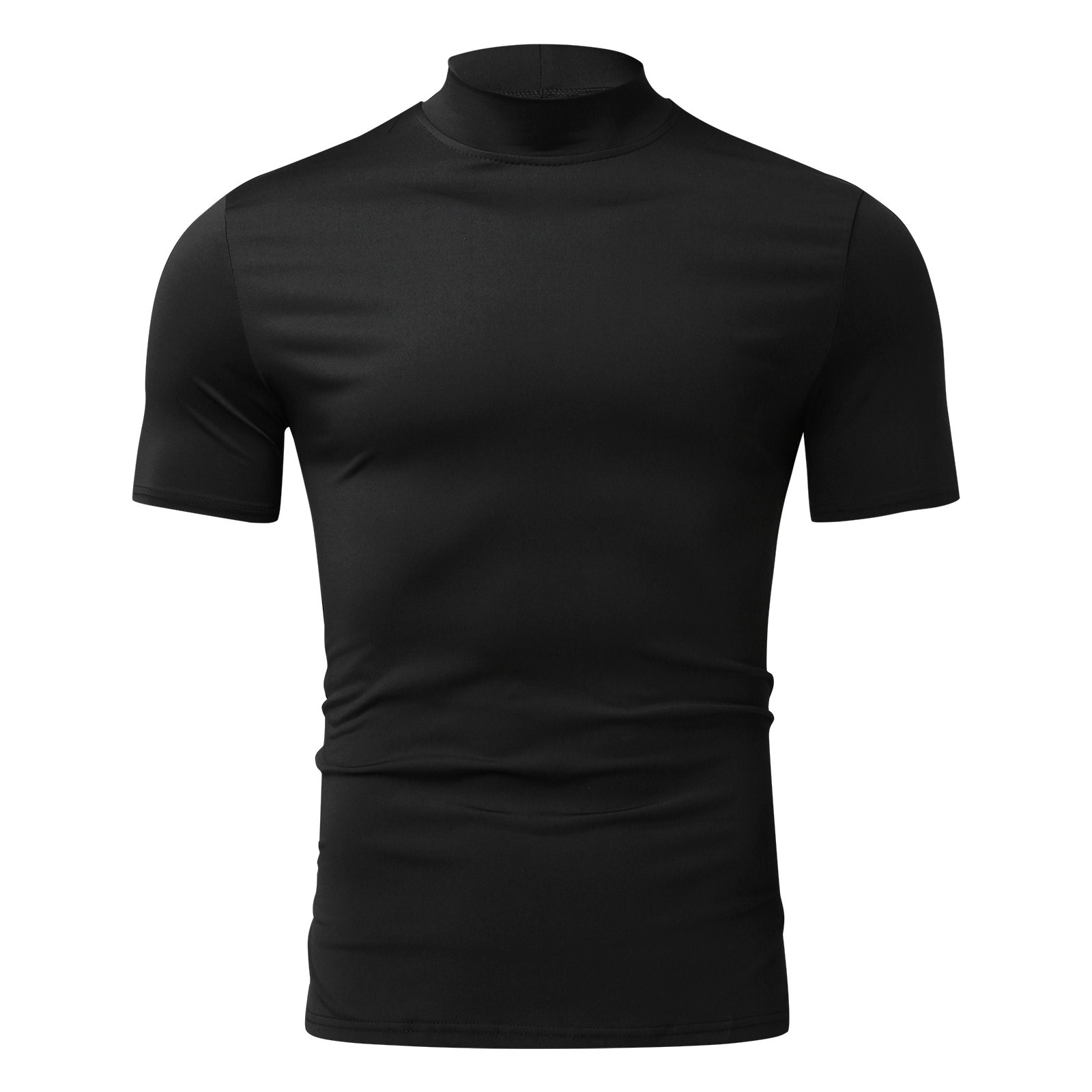 2024 Herbst und Winter Hoher Kragen Kurzarm T-Shirt Herren Unterlage Einfarbig Top_voghion.com