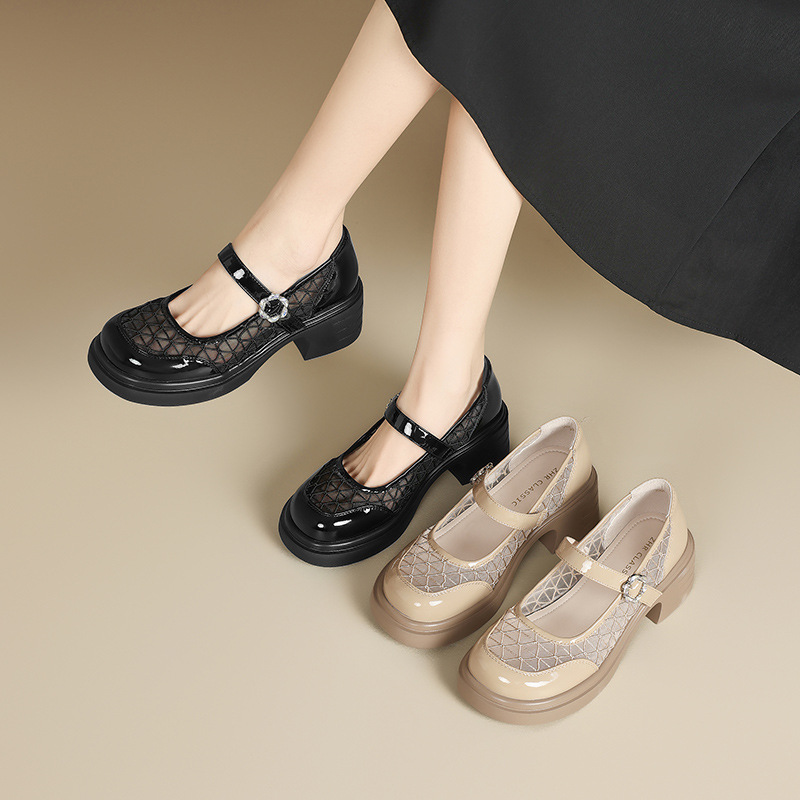Giày Mary Jane nữ quai ngang gót thô kiểu Pháp, lưới thoáng khí đế dày — AW121 màu đen
