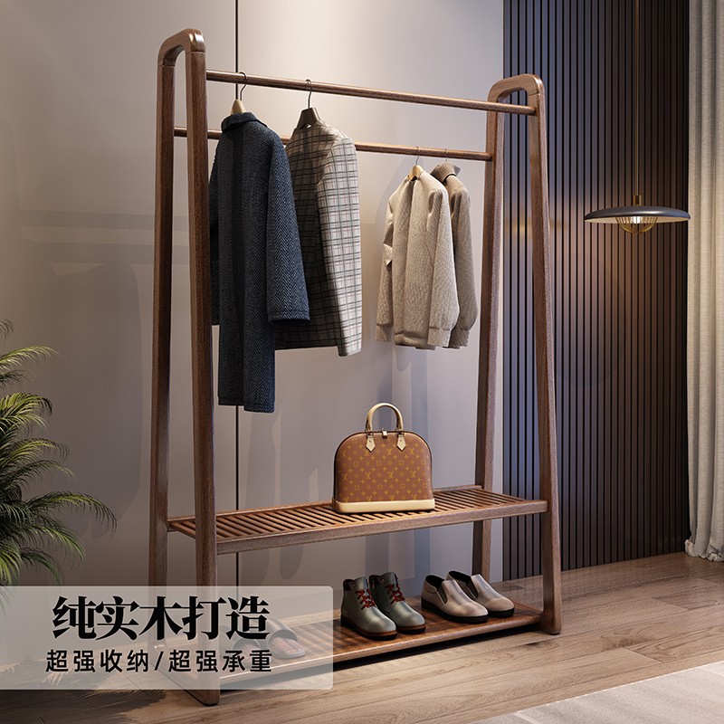 Walnut solid wood freestanding wardrobe clothes rack with mirror integrated clothes rack full-length dressing mirror can hold items