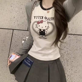 美式kitty猫插肩长袖女春秋卡通印花纯棉打底衫t恤修身甜辣妹上衣