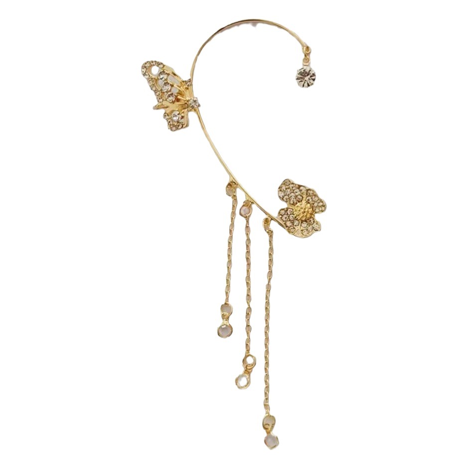 Shake the sound of the new simple fashion super flash diamond butterfly flower one-piece no ear hole tassel ear hanging earrings wholesale