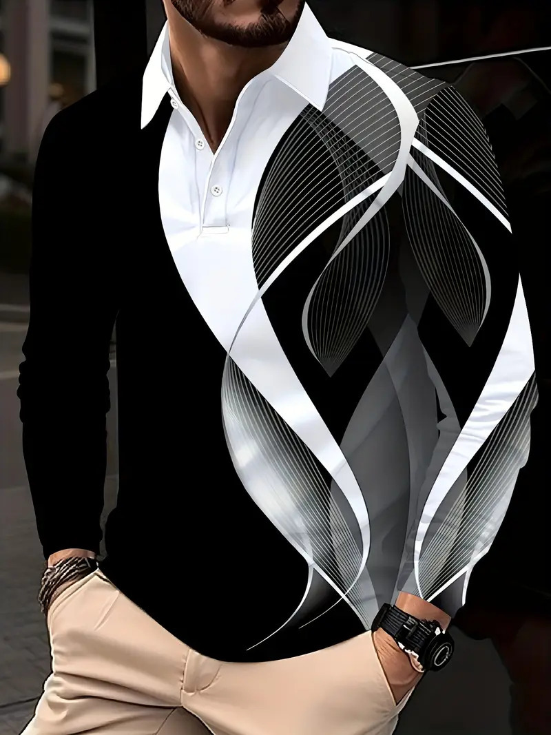 Primavera y verano estilo delgado diseño de alta calidad Volkswagen geométrico colorido manga larga solapa botón POLO camisa MB14