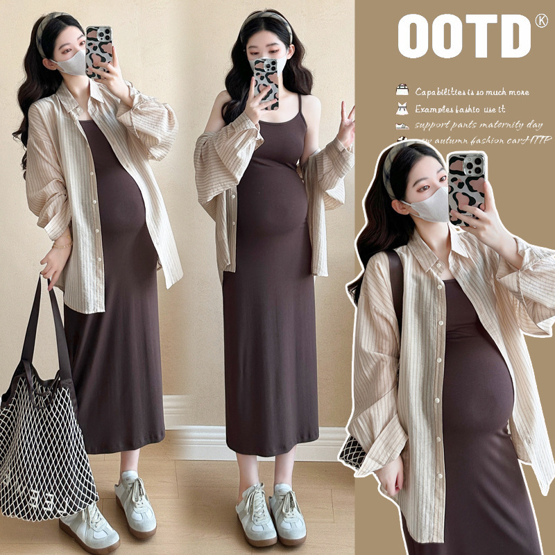 Maternity Wear Spring & Fall Long-Sleeved Stripesd Shirt Spring Suspender Skirt Two-Piece Dress Trendy Mom Suit Pregnancy Skirt