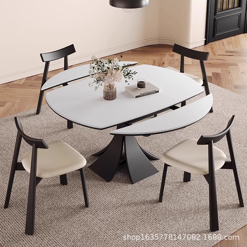 Mesa de comedor de madera maciza de estilo antiguo, retráctil, plegable, mesa redonda variable, apartamento pequeño, mesa de comedor de tablero de roca retro francés negro para el hogar